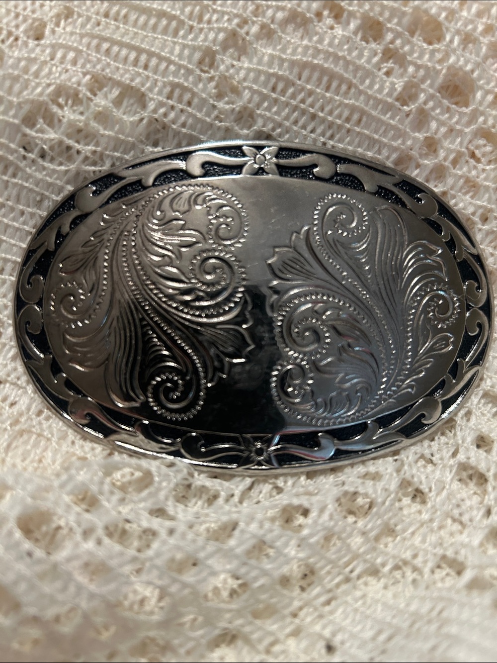 Engraved Oval Silver-Tone Belt Buckle